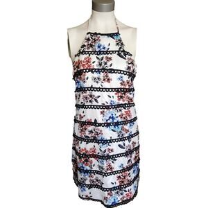 NBD Irene halter lace trim mini shift dress spring bloom floral Size Large NEW